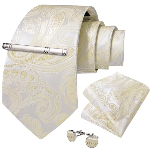 Image of DiBanGu Paisley Ties for Men Silk Necktie and Pocket Square Cufflinks Tie Clip Set Woven Classic Mens Tie for Wedding Party
