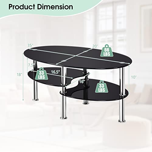 Costway Tempered Glass Coffee Table, 3-Tier Sofa End Table With Metal Tube Legs And Open Shelves, End Table For Living Room, Modern Oval Tea Table For Living Room Office (Black) #TOP2