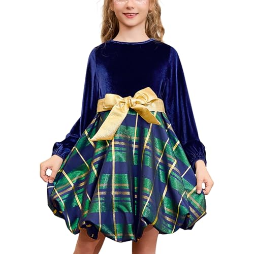 CHILDRENSTAR Girls Christmas Party Dresses Metallic Long Sleeve Velvet Holiday Bubble Dress for Kids 3-13Y