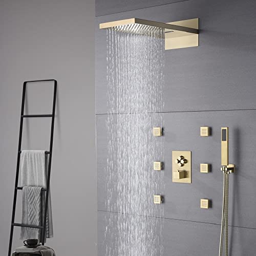 Cascada 9"X22” Rectangular Shower System With Single Handle & 4 Push Buttons, 4 Functions (Rainfall, Waterfall, Body Jets & Handheld) (Brushed Gold) #TOP1