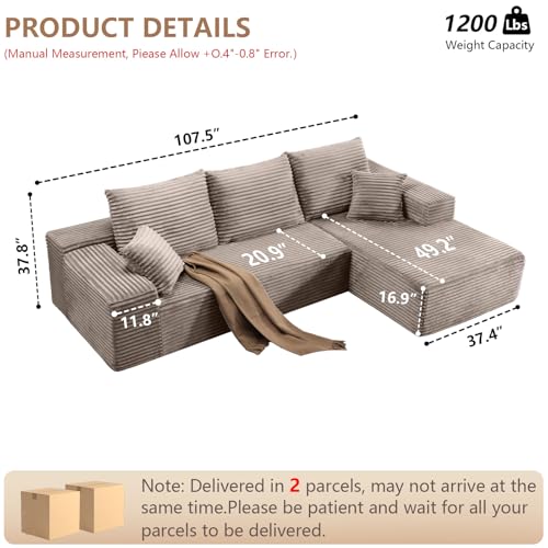 Image of 107.5 inch W Modular Sectional Sofa, Upholstered Corduroy Cloud Couch with Deep Seat, Modern 3-Seater L-Shaped Sofa for Living Room, No Assembly Required (Camel, Right-Facing Chaise)