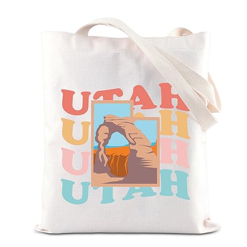 ENSIANTH Utah Travel Tote Bag - Beehive State Trip Gift - Utah Flag Map Shopping Bag - Medium (14.9" H x 13.7" W 10.6" Handle) - White - Unisex Adult