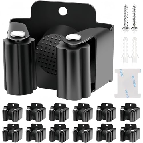 KAHEIGN 12Pcs Stainless Steel Broom Holders, Wall Mounted Mop Bracket Heavy Duty Tool Hook Brush Storage Organiser with Non-slip Silicone Gear for Kitchen Bathroom Closet Garden Garage