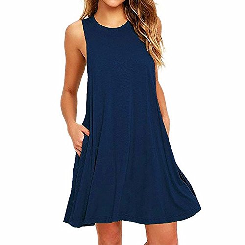 ZNYSTAR Mujeres Verano Casual Sin Mangas Vestido con Bolsillo Camiseta Floja Vestido (L, Azul oscuro)