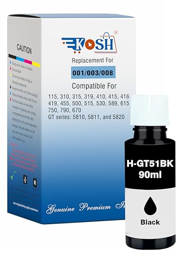 Image of KOSH Refill Ink Bottle Compatible for HP Deskjet 5810,5811,5820,5821,5822, Inktank Wireless 310,315,316,319,410,415,416,419,Smart Tank 115,500,510,515,516,720,750,790 Printers (1, GT51 90ML)