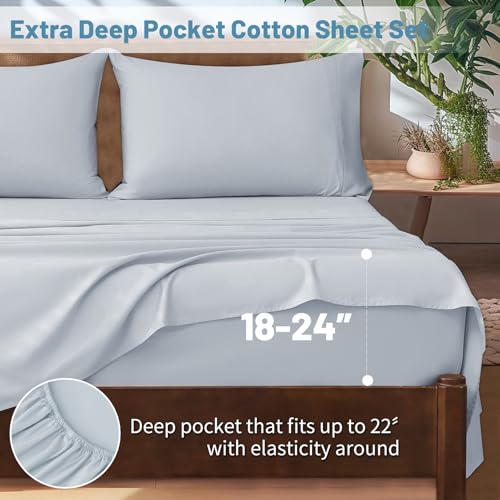 Image of Extra Deep Pocket Queen Sheets 18-24 Inch 100% Egyptian Cotton 1000 Thread Count Sateen Weave Soft Breathable 4 Pieces(Queen,Light Blue)