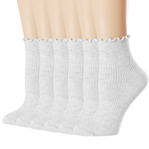 Mcool Mary Women's Ruffle Socks,Turn-Cuff Casual Cute Ankle Warm Cotton Knit Lettuce Frilly White Socks for Women 6 Pack