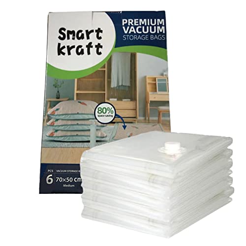SMART KRAFT 6 PACK 70 X 50CM MEDIUM VACUUM STORAGE BAGS FOR CLOTHES, DUVETS, BEDDING, PILLOW, TRAVELING WITH DOUBLE ZIP SEAL VACUUM BAGS FOR CLOTHES