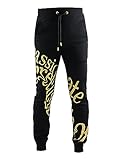 SCREENSHOT SCREENSHOT-P11222 Mens Urban Hip Hop Premium Streetwear Fleece Bottoms - Passionate Line Drawing Gel Print Sweatpants-Black/Gold-XLarge