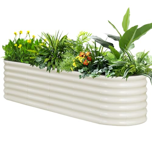 SnugNiture 8x2x2ft Raised Garden Bed Kit, 24" Tall Outdoor Metal Raised Planter Box for Planting Plants Vegetables Flowers Fruits, Beige White White 8*2*2FT