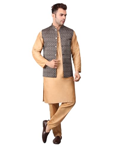 Image of Men's Cotton Silk Blend Regular Kurta Pyjama, Embroidered Nehru Jacket /Waistcoat Set