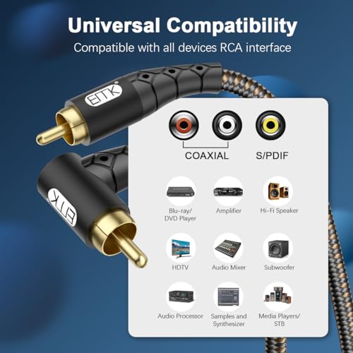 Image of EMK 90 Degree RCA Subwoofer Cable 24K Gold-Plated Connector Nylon Braided Double Shielded - Support Digital & Analog Signals for Amplifier, Home Theater, Hi-Fi System,Subwoofer Black /15ft /5m