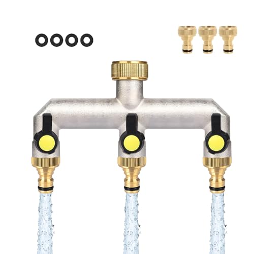 3-Wege Wasserhahn Wasserverteiler, Verteiler Wasser 3/4 Zoll Messing Wasseranschluss Verteiler mit 3 Stück 3/4 Zoll auf 1/2 Zoll Hahnanschluss für Haus, Hof, Waschmaschine, Gartenschläuche