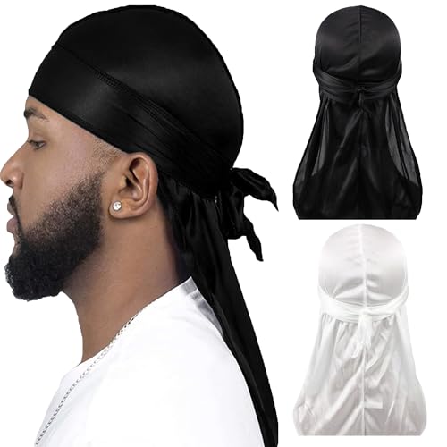 CINY Durag de Seda Satinado Para Hombres y Mujeres, Gorro de Onda Sedoso Bandanas Piratas, Pañuelos de Cabeza de Satén Turbante Para el Cabello Con Cola Extra Larga （1 negro y 1 blanco）