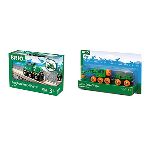 BRIO Bahn 33214 - Batterie-Frachtlok & Bahn 33698 - Grüner Kranwagen mit Anhänger und Fracht