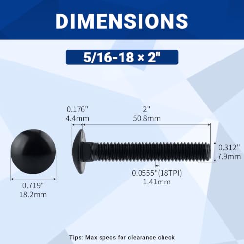 Image of 5 /16-18 x 2 inch Black Carriage Bolts with Nuts and Washers Kits (10 Sets), 304 Stainless Steel 18 /8, Black Finish, Round Head, Square Neck, Heavy Duty Bolts, Indoor Outdoor Fastening Bolts, Fayeploo