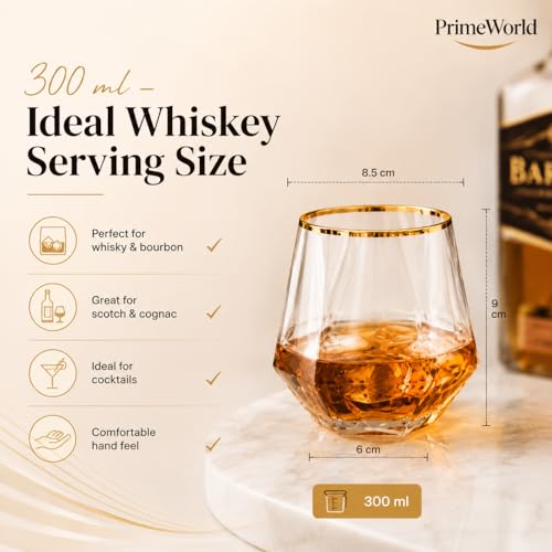 Image of PrimeWorld Gold Rim Diamond European Crystal Whiskey Glasses Set of 6 pcs- 300 ml Bar Glass for Drinking Bourbon, Whisky, Scotch, Cocktails, Cognac- Old Fashioned Cocktail Tumblers