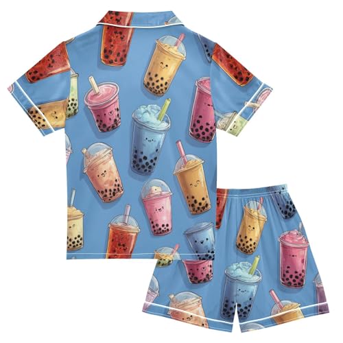 Satin Pajama Sets Short Sleeve Bubble Tea Colorful Pattern Button Down Silky Nightwear 2 Piece PJS 5Y,2