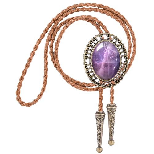 Image of Jeilwiy Bolo Tie for Men Real Stone Westwern Cowboy Ties Silver Bolos Women Leather Necktie Gift for Birthday Christmas