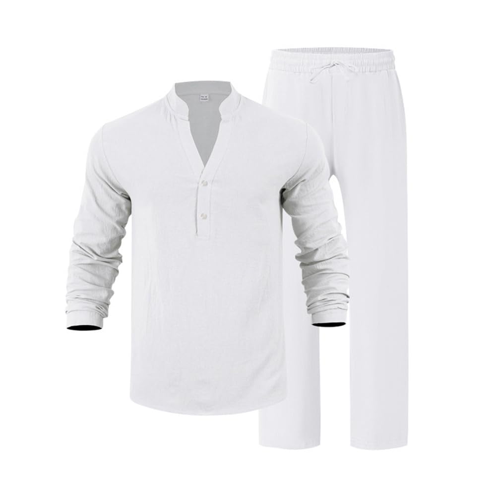 Homme Ensemble en Lin 2 Pièce Casual Chemises Shirt à Manches Longues Pantalons Mode Survêtement Printemps Été Hauts Chemisette et Pantalon