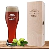 Weizenglas mit Motiv 'Weltbester Onkel' inklusive Geschenkbox aus Holz, Bierglas 0,5 Liter mit gravierter Holzbox, Geburtstag, personalisiertes Weißbierglas