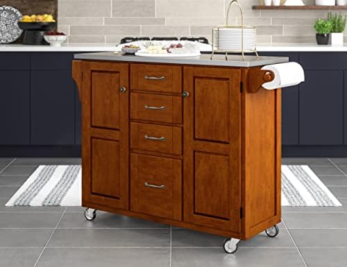 Home Styles Create-a-Cart Medium Cherry Two-door Cabinet with Stainless Steel Top, Two Wood Panel Doors, Adjustable Shelves, Four Drawers, Two Towel Bars, Spice Rack, and Rubber Casters