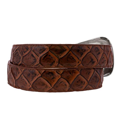 Texas Legacy Mens Cognac Pirarucu Fish Print Leather Western Cowboy Belt Dress Buckle2