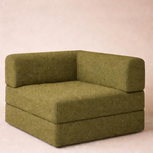 Image of Premium Boucle Fabric Sofa Cum Bed | Foldable Floor Sofa with Backrest | Convertible Single Bed | Space-Saving Furniture for Living Room & Bedroom,Olive Green