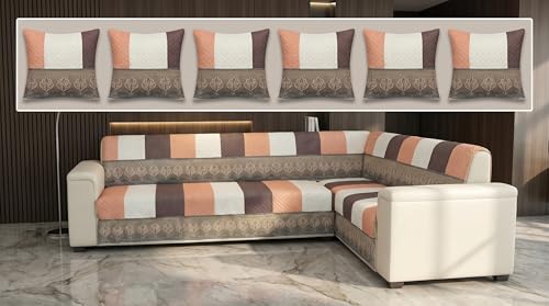 Image of Luxury Sofa Cover L Shape 6 Seater with Matching Cushion Cover 16x16 inch - Brown Strip Stripe 3+3 Seater (6 Seater) Quilted Sofa Cover Set Pack of 11, Washable, Brown Strip Ivory