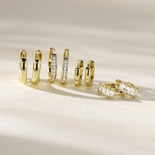 Image of 4Pairs Statement Gold Hoop Earrings for Women Trendy,Surgical Steel Gold Plated Hoop Hypoallergenic Earrings Set,Titanium Hoops Earring Stacks,CZ Cartilage Huggie Hoops Earring Gifts for Girlfriend