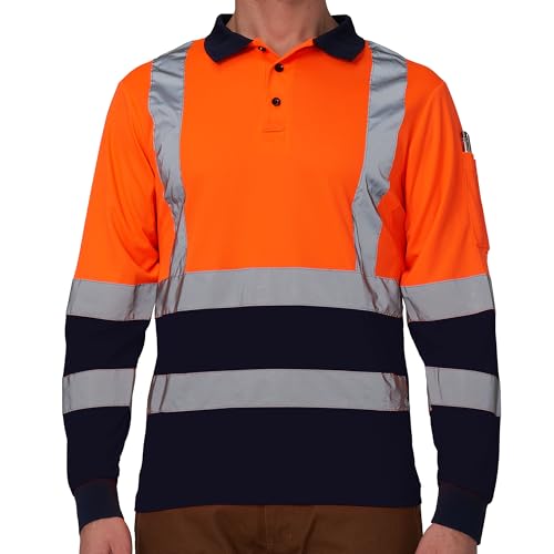 Image of AYKRM Long sleeves Orange Navy Hi Vis Viz Visibility Safety Work Polo Shirt hi vis Polo Shirt (XS-8XL)