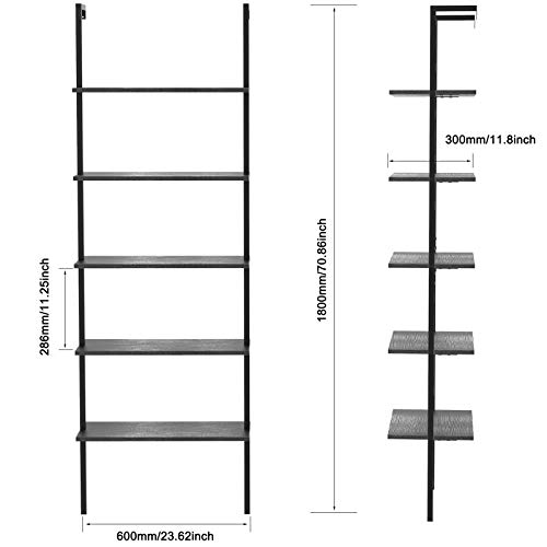 Ladder Shelf Bookshelf, 5 Tier Wall-Mounted Industrial Ladder Bookcase Wood Look Plant Flower Storage Stand Organizer Utility Storage Rack for Living Room, Kitchen, Office (Black Walnut)