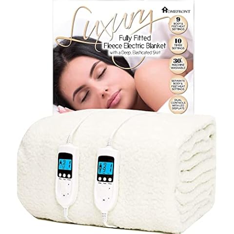 Homefront Electric Blanket Dual Control - Super King Bed Premium Fleece Fully Fitted Heated Mattress Cover 203 x 182 x 40cm Underblanket with Elasticated Skirt - Advanced Overheat Protection - Individual Body and Foot Heat Technology - Fast Heat Up Time - Machine Washable and Safe For All Night Use (Super King Size) Cover