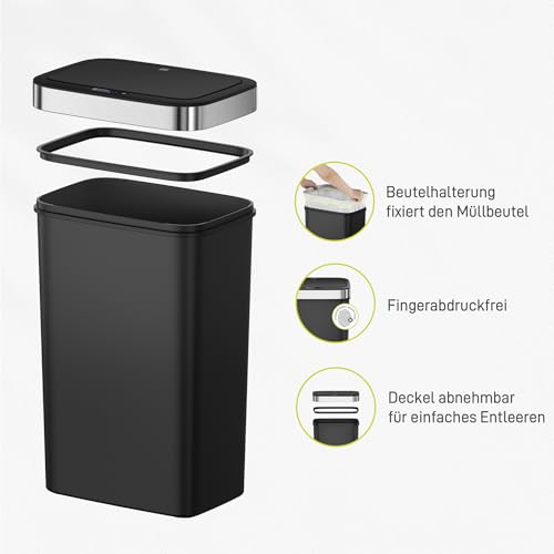 EKO Hana Deluxe 50L Mülleimer mit Sensor, Automatischer Mülleimer Küche, rechteckiger Bewegungssensor Abfalleimer, Soft Closing Deckel, fingerabdruckfrei, elektrischer Mülleimer, Schwarz, Kunststoff