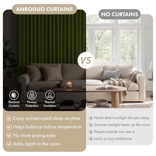 Image of ANRODUO Olive Green Back Tab Blackout Curtains 84 Inch Long 2 Panels | Rod Pocket,Thermal Insulated Room Darkening Light Blocking Curtains for Living Room Bedroom Privacy,W42xL84