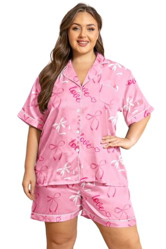 Image of Vozanet Women's Short Sleeve Satin Pajama Sets Silky Ladies Button Down Loungewear Plus Size Nighty Shorts Sets XL to 5XL