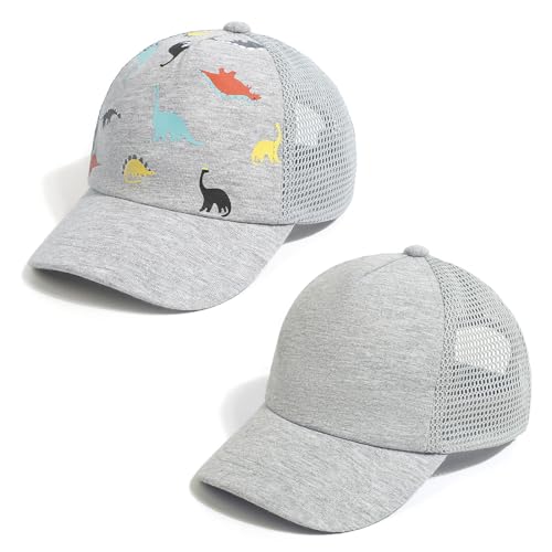 Image of Toddler Baseball Hat, Dinosaur Mesh Adjustable for 0-8T Kids | 60% cotton blend, full mesh back ventilation; curved UV brim, velcro strap, sizes 0-8T for beach outdoor summer