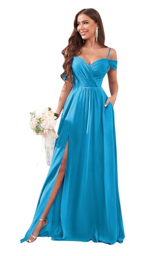 Sukleet Women's Off Shoulder Bridesmaid Dresses Long Slit Chiffon Ruched Evening Formal Dress with Pockets