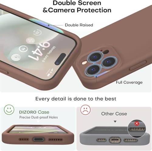 Image of DIZORO Compatible for iPhone 15 Pro Camera Protection Case 6.1, Slim Liquid Silicone 3 Layers Full Covered Soft Gel Rubber Phone Case Protective Cover - Brown