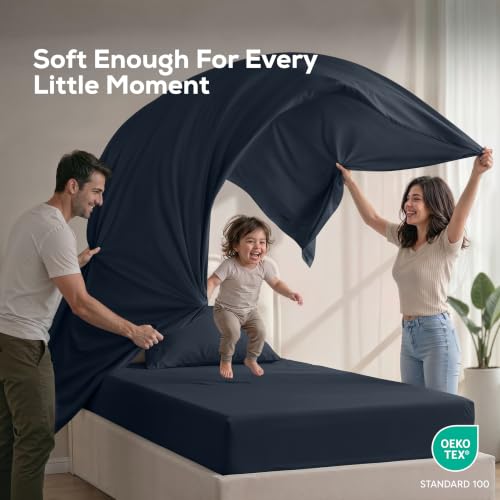Image of Twin Size Sheet Set - 3 Piece Bed Sheets, Soft and Breathable Microfiber, Includes 1 Fitted Sheet, 1 Flat Sheet and 1 Pillowcase - Oeko Tex (Navy)