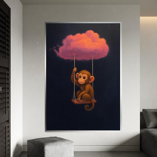 Peinture murale fantaisiste avec singe mignon sur une balançoire nuageuse toile xl 80x120cm