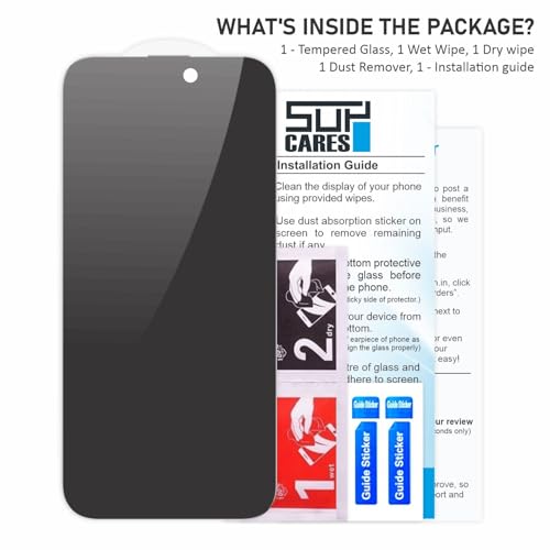 Image of SupCares Privacy Tempered Glass for iPhone 15 Pro (6.1 Inch) With Installation Kit | Military-Grade Gorilla Screen Protector | Edge to Edge Coverage | Black