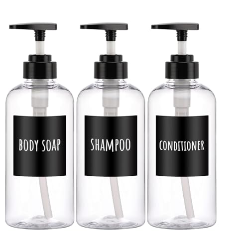 Image of Shampoo Bottles with Labels, Segbeauty 3pcs 16.9oz /500ml Plastic Pump Bottle Dispenser, Empty Refillable Shower Lotion Body Soap Shampoo Conditioner Press Dispenser for Hotel Bathroom Kitchen Clear