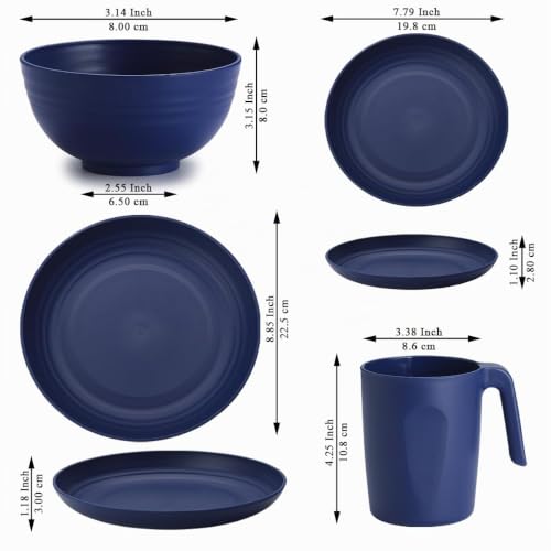 Berglander Plastikgeschirr Sets 24 teiliger für 6 Personen, EUR Blau Mehrweg Teller und Schüssel Sets mit Speisetellern, Desserttellern… – Ansicht 2