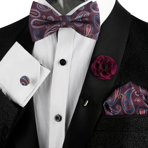 Image of Alizeal Mens 4pcs Vintage Paisley Bow Tie Set | Pre-tied Pocket Square Cufflinks Boutonniere for Wedding Everyday Use