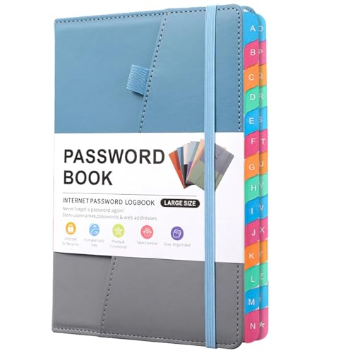 Carnet A5 pour mots de passe avec onglets alphabétiques rechargeable bleu et gris