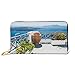 Produktbild Women's Long Leather Card Holder Purse Zipper Buckle Elegant Clutch Wallet, Santorini Island Greece Aegean Sea Trees Flowers Clear Sky Photo Print,Sleek and Slim Travel Purse