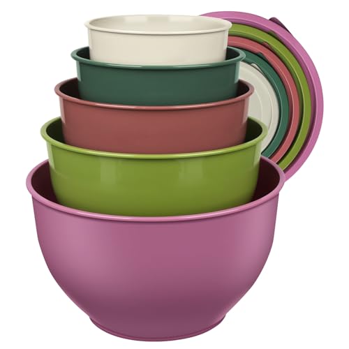 Greentainer - Set di 5 ciotole in plastica con coperchi, per preparare, servire, cucinare e cuocere al forno, insalatiera grande per conservare in cucina, lavabile in lavastoviglie e adatta al