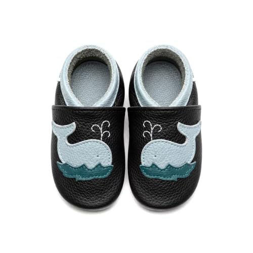 SAYOYO Krabbelschuhe Baby Lauflernschuhe für Kleinkinder Weiche Leder mit Rutschfester Sohle Lederschuhe Jungen Mädchen Babyhausschuhe, 12-18 Monate, Schwarz Wal