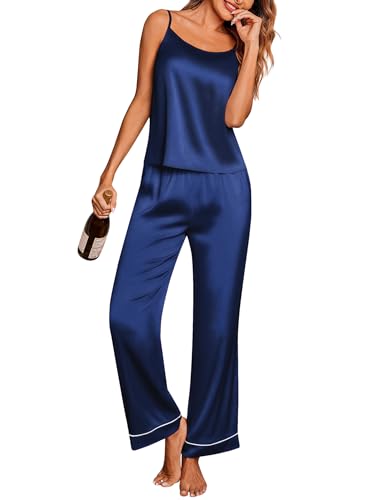 Image of Ekouaer Silk Pajamas for Women Set Tank Top Pj Sets 2 Piece Lounge Set | Satin Womens Pajama Sets Sexy Sleeveless Loungewear Long Pants Sleepwear Soft Cami Pjs Sets with Pocket S-XXL